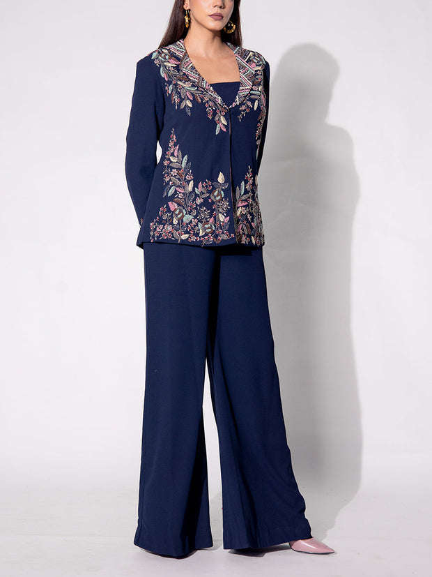 Navy Blue Embroidered Jacket and Pant Set
