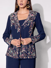 Navy Blue Embroidered Jacket and Pant Set