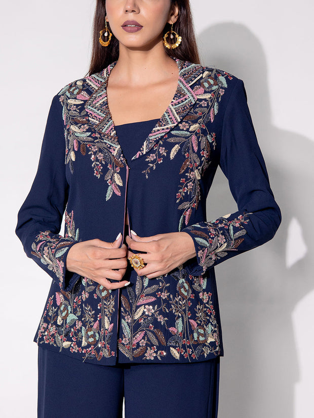 Navy Blue Embroidered Jacket and Pant Set