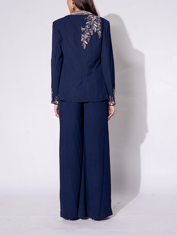 Navy Blue Embroidered Jacket and Pant Set