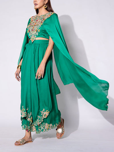 Bottle Green Embroidered Drape Skirt Set