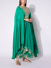 Bottle Green Embroidered Drape Skirt Set