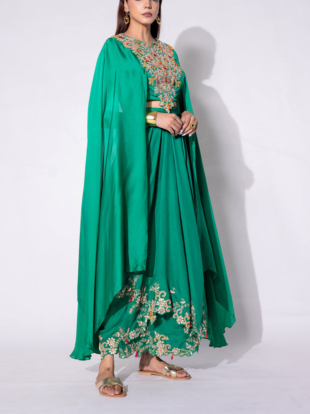 Bottle Green Embroidered Drape Skirt Set