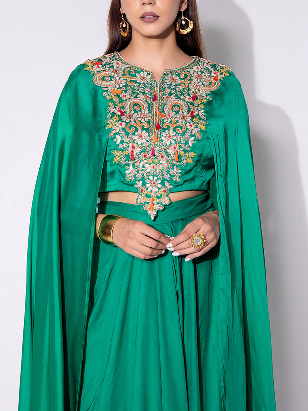 Bottle Green Embroidered Drape Skirt Set