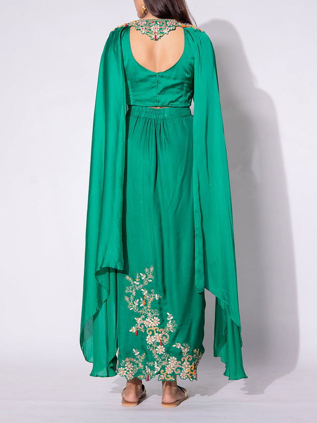Bottle Green Embroidered Drape Skirt Set