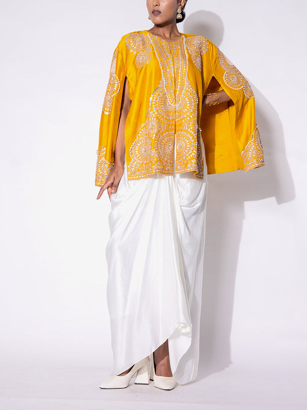 Yellow and White Embroidered Silk Cape and Drape Skirt Set