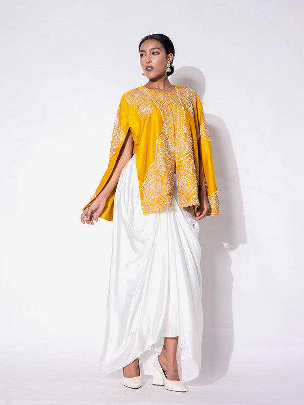 Yellow and White Embroidered Silk Cape and Drape Skirt Set