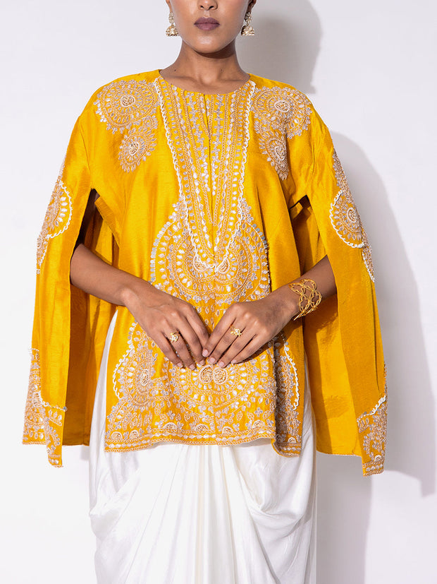 Yellow and White Embroidered Silk Cape and Drape Skirt Set