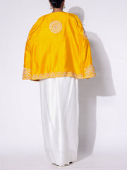 Yellow and White Embroidered Silk Cape and Drape Skirt Set