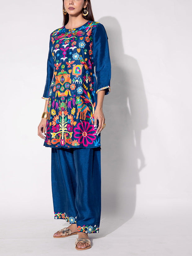 Blue Embroiered Silk Kurta and Pant Set