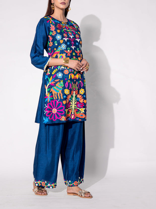 Blue Embroiered Silk Kurta and Pant Set