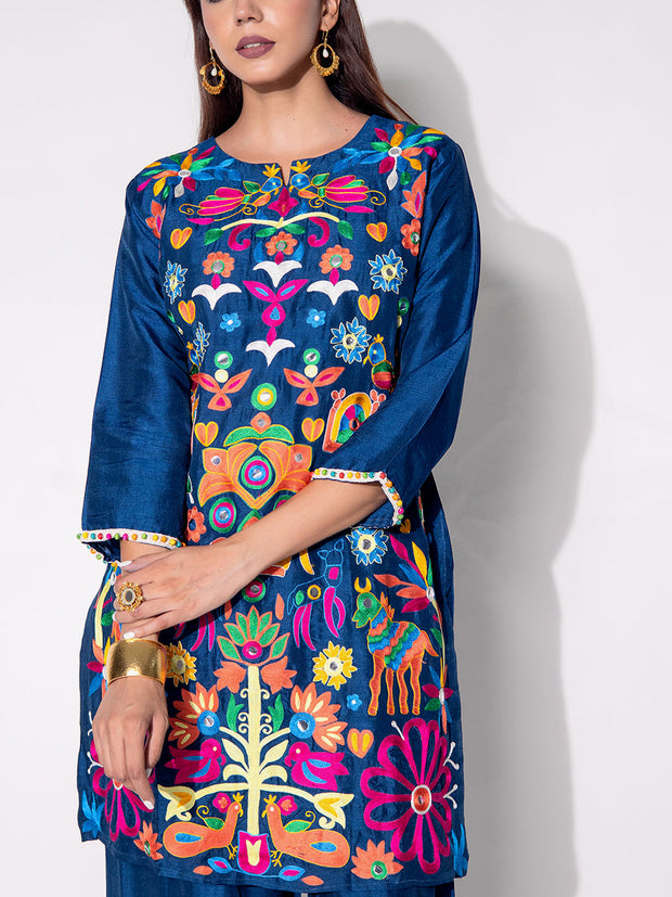 Blue Embroiered Silk Kurta and Pant Set
