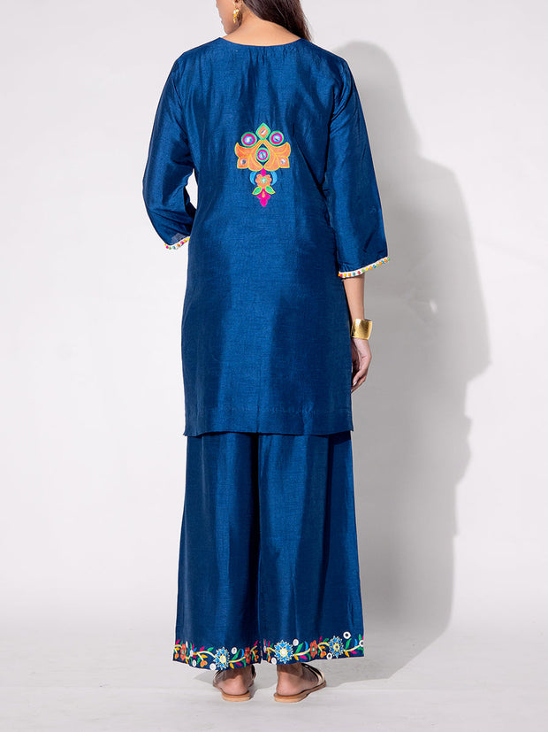Blue Embroiered Silk Kurta and Pant Set