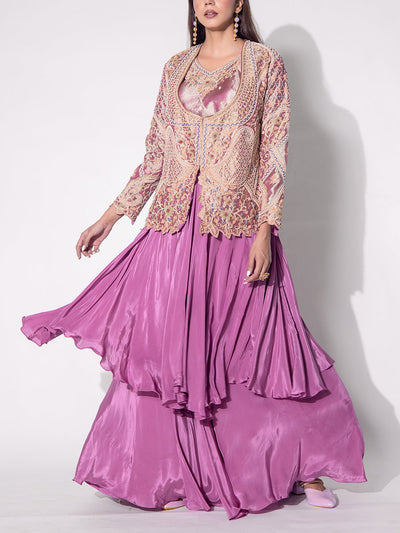 Lavender Embroidered Jacket and Skirt Set