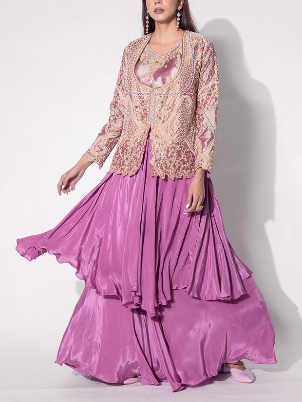 Lavender Embroidered Jacket and Skirt Set