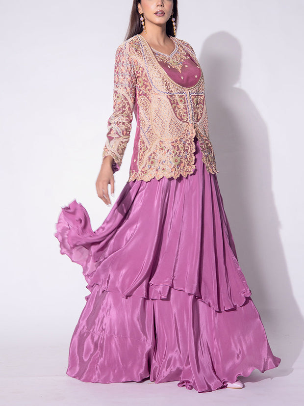 Lavender Embroidered Jacket and Skirt Set