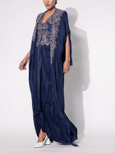 Deep Blue Embroidered Cape and Drape Skirt Set