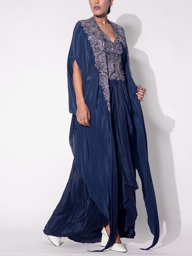 Deep Blue Embroidered Cape and Drape Skirt Set