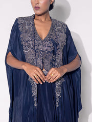 Deep Blue Embroidered Cape and Drape Skirt Set
