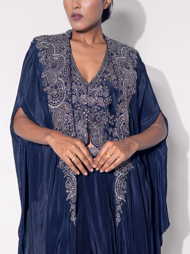 Deep Blue Embroidered Cape and Drape Skirt Set