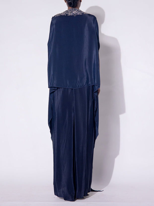 Deep Blue Embroidered Cape and Drape Skirt Set