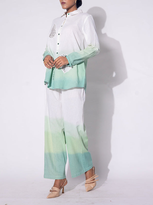 White & Green Ombre Embroidered  Cotton Co-ord Set