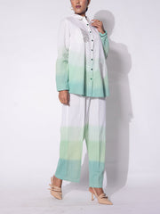 White & Green Ombre Embroidered  Cotton Co-ord Set