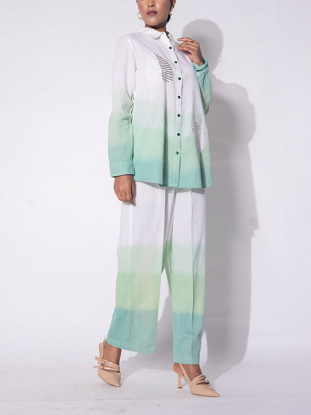 White & Green Ombre Embroidered  Cotton Co-ord Set