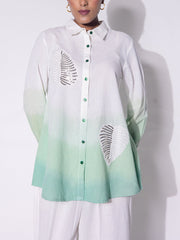 White & Green Ombre Embroidered  Cotton Co-ord Set
