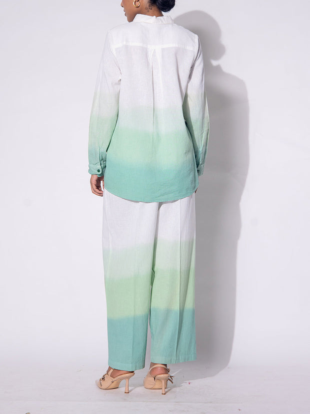 White & Green Ombre Embroidered  Cotton Co-ord Set