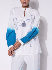 Blue and White Embroidered Cotton  Co-ord Set