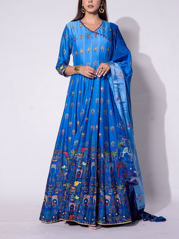 Blue Vasansi Silk Printed Anarkali Gown