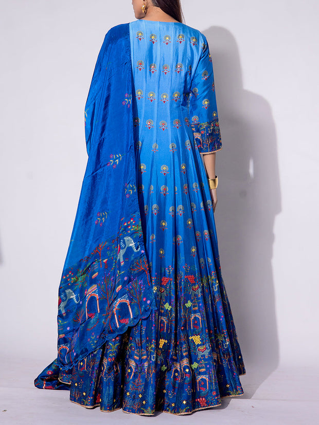 Blue Vasansi Silk Printed Anarkali Gown