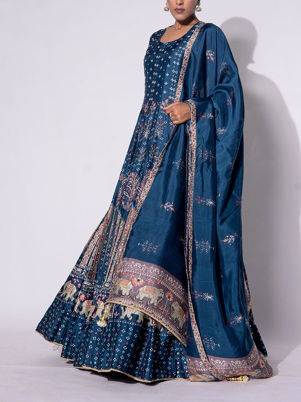 Teal Blue Vasansi Silk Printed Anarkali Gown