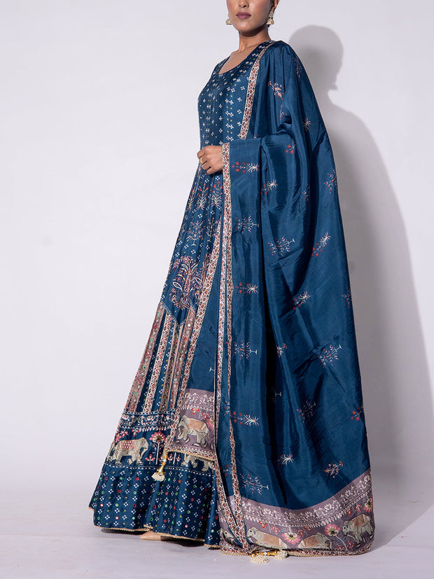 Teal Blue Vasansi Silk Printed Anarkali Gown
