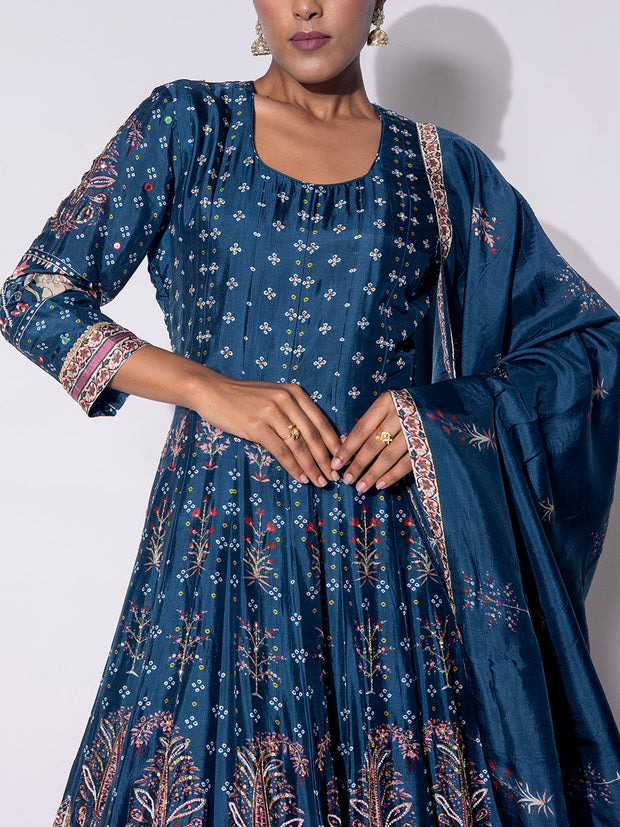 Teal Blue Vasansi Silk Printed Anarkali Gown