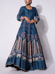 Teal Blue Vasansi Silk Printed Anarkali Gown