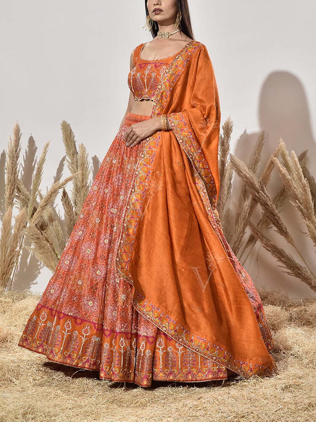 Orange Vasansi Silk Printed Lehenga Set