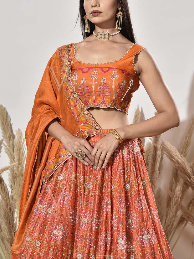 Orange Vasansi Silk Printed Lehenga Set