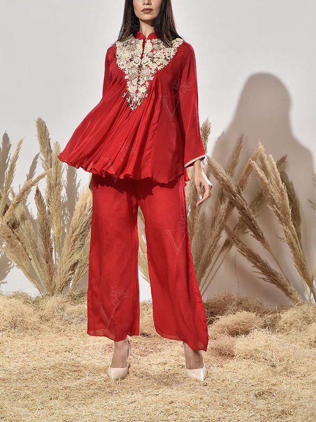 Red Embroidered Tunic and Palazzo Set