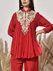 Red Embroidered Tunic and Palazzo Set