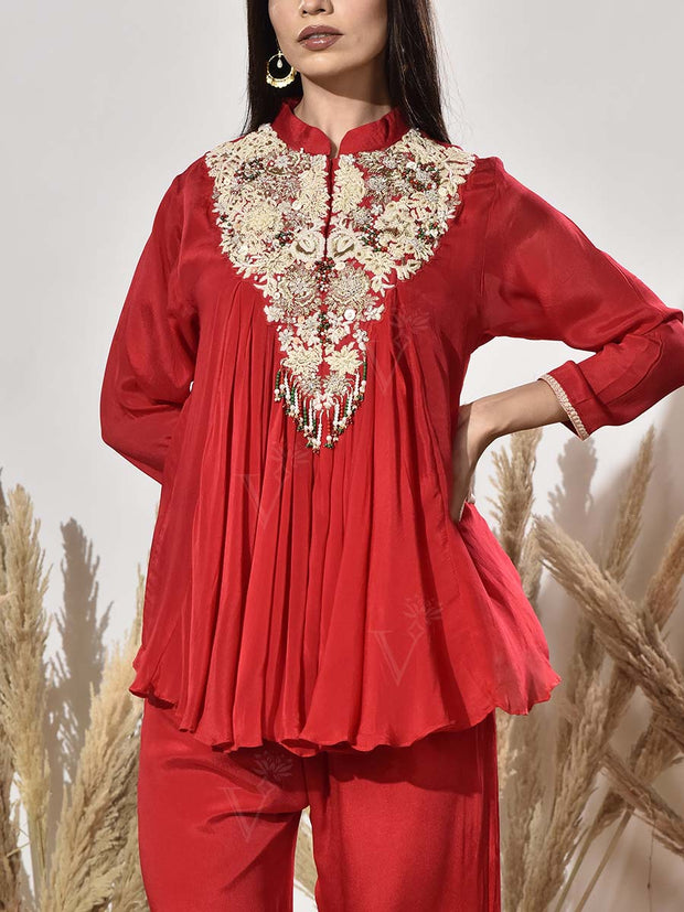 Red Embroidered Tunic and Palazzo Set