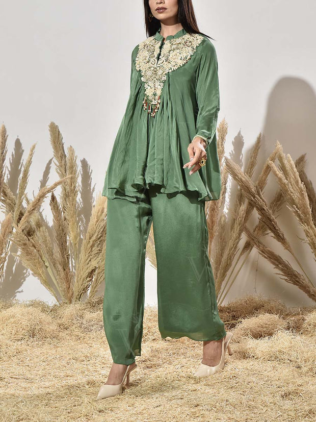 Green Embroidered Tunic and Palazzo Set