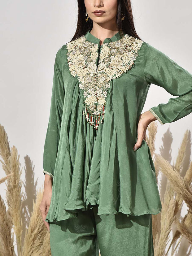Green Embroidered Tunic and Palazzo Set