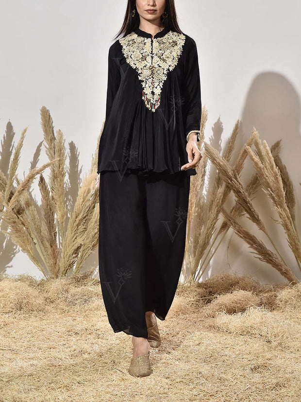 Black Embroidered Tunic and Palazzo Set