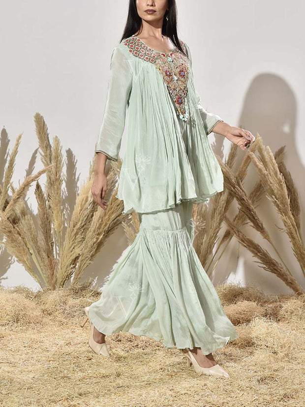 Aqua Green Embroidered Tunic and Sharara Set