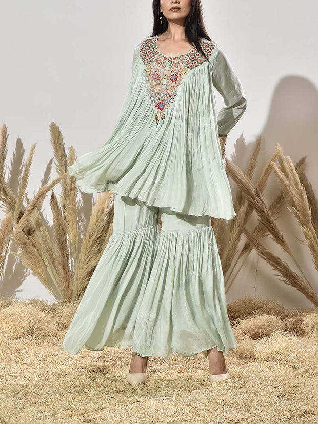 Aqua Green Embroidered Tunic and Sharara Set