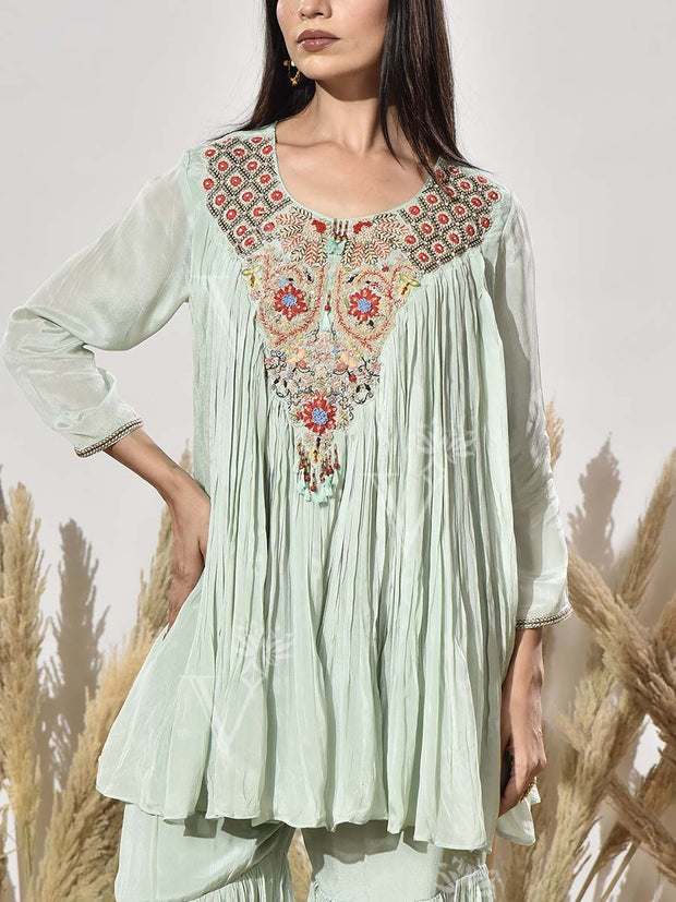 Aqua Green Embroidered Tunic and Sharara Set