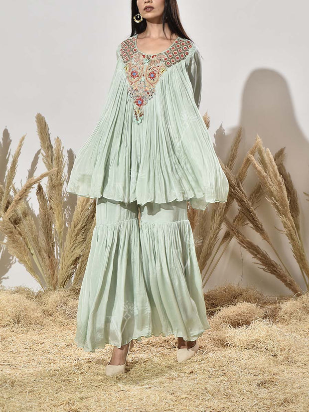 Aqua Green Embroidered Tunic and Sharara Set