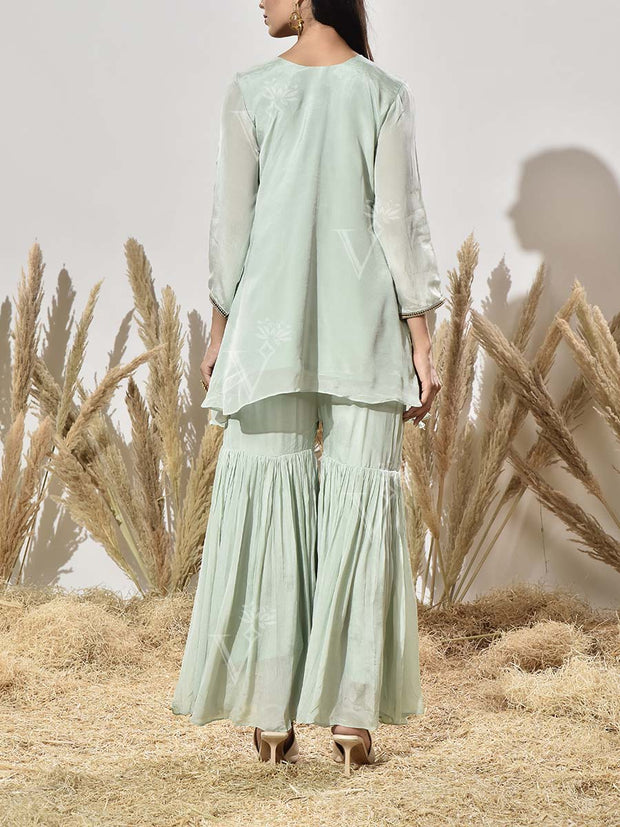 Aqua Green Embroidered Tunic and Sharara Set
